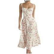 DIANLI Atinetok Formal Dresses for Women Cute Empire Waist Swing Strap Party Long Dresses with Tie Sleeveless Square Neck Floral Print 2023 Summer Maxi Dress Red l