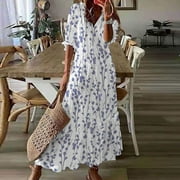 Atinetok Formal Dresses for Women Beach Fashion Loose Swing Tie A Line Maxi Sundresses Elbow-Length V-Neck Floral Print 2023 Summer Long Dress Blue l