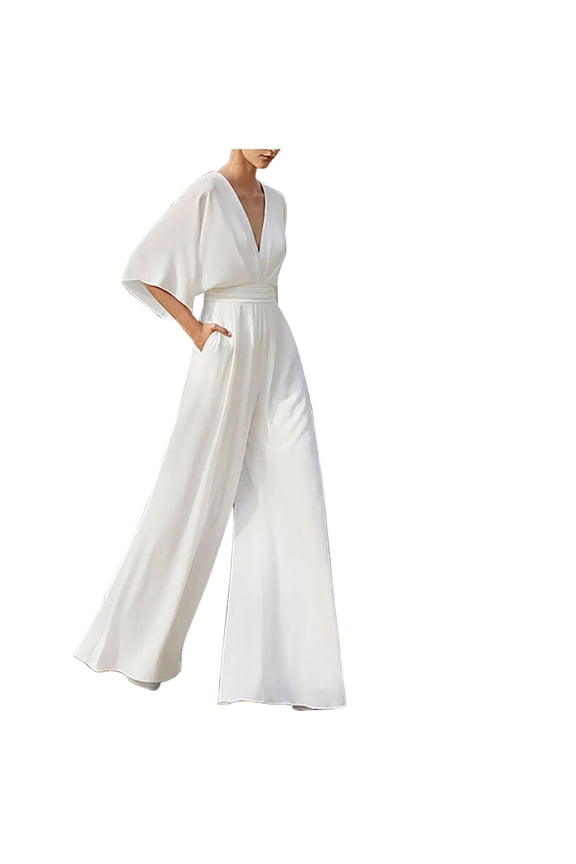 Jumpsuits for Women Dressy Business Empire Waist Wide Leg Maxi Jumpsuits with Pocket Summer V-Neck Elbow-Length Solid Long Formal Rompers White m