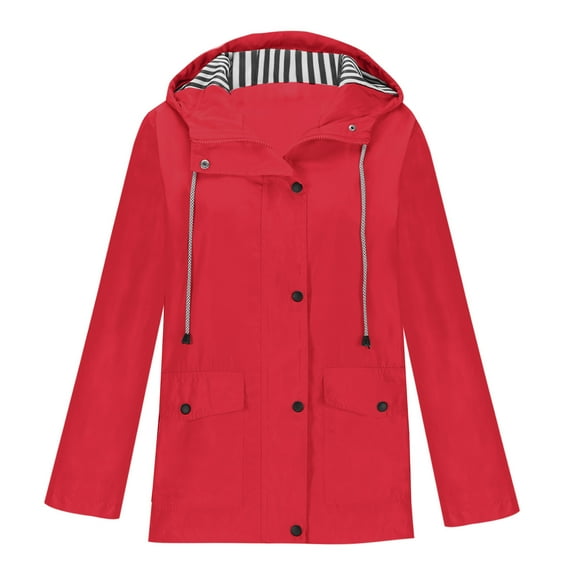 Atinetok Rain Jacket Women Women Casaul Solid Jackets Outdoor Plus Size Drawstring Zipper Hooded Raincoat Windproof Tops Coat With Pocket