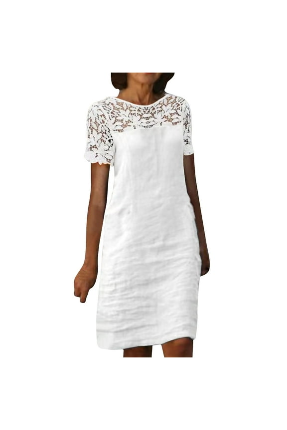Summer Dresses for Women Casual Solid Lace Patchwork Cotton Linen Knee-Length Dresses 2023 Formal Short Sleeve Round Neck Plain Midi Dress White XXL