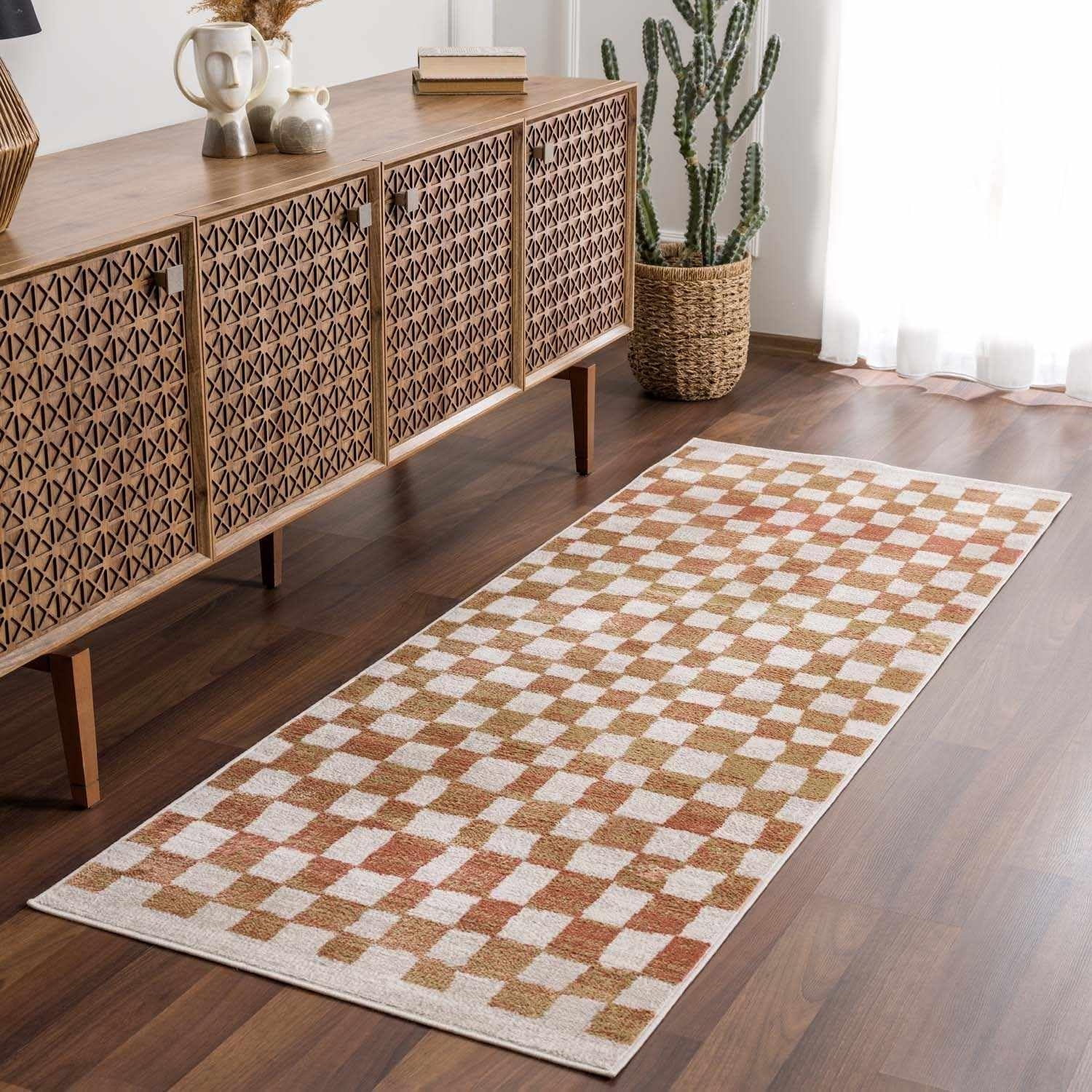 Atira Checkered Shag Runner Rug Checkboard Design High Pile Fluffy
