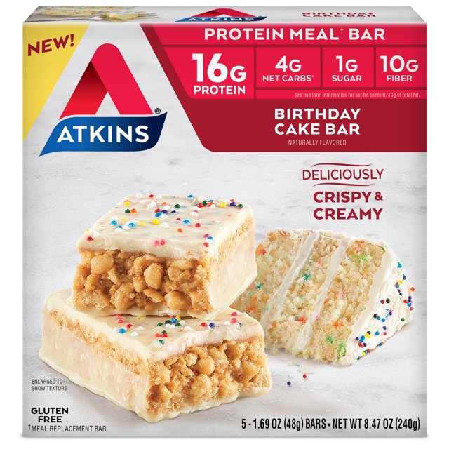 Atkins Birthday Cake Protein Meal Bar, High Fiber, Low Sugar, Meal
