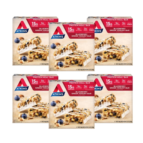 Atkins Blueberry Greek Yogurt Protein Meal Bar, Fiber Bar, High Protein, Meal Replacement, 6/5 Count