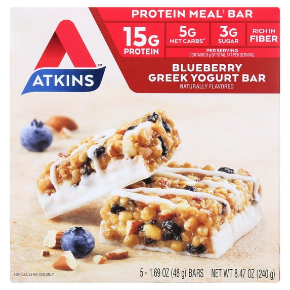 Atkins Blueberry Greek Yogurt Protein Meal Bar, High Fiber, High Protein, Meal Replacement, 5 Count