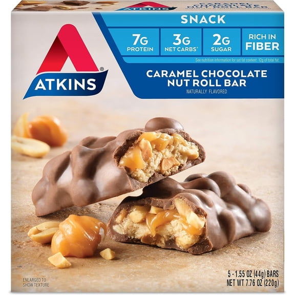 Atkins Caramel Chocolate Nut Roll Snack Bar, Protein Snack, High in Fiber, 2g Sugar, 5 Count