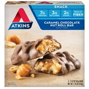 Atkins Caramel Chocolate Nut Roll Snack Bar, Protein Snack, High in Fiber, Low Sugar, 5 Count