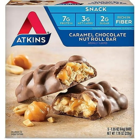Atkins Caramel Chocolate Nut Roll Snack Bar, Protein Snack, High in Fiber, Low Sugar, 6/5 Packs