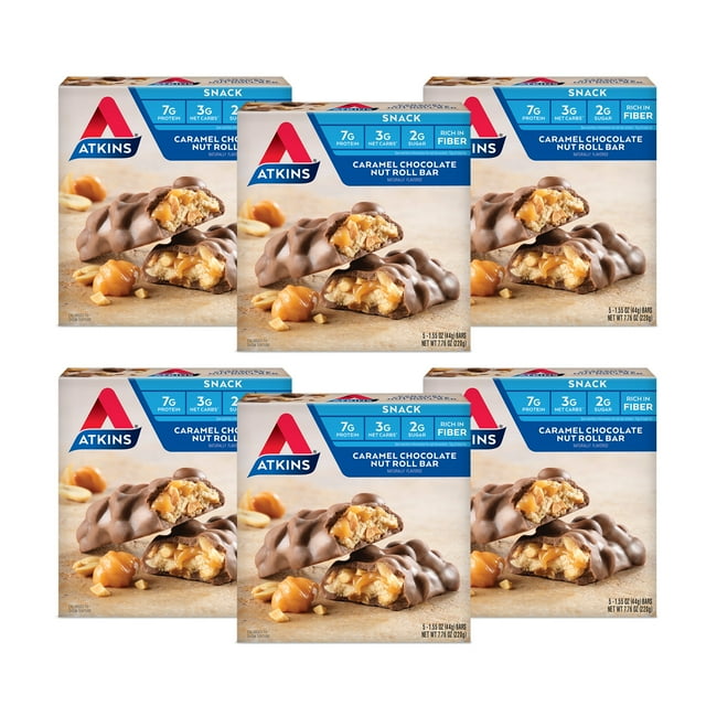 Atkins Caramel Chocolate Nut Roll Snack Bar, Protein Snack, High in Fiber, Low Sugar, 6/5 Packs
