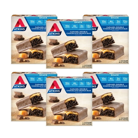 Atkins Caramel Double Chocolate Crunch Protein Snack Bar, High in Fiber, Keto Friendly, 6/5 Packs