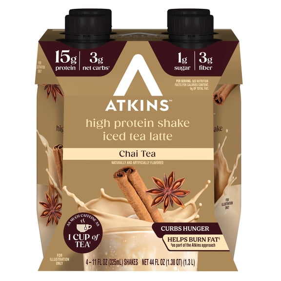 Atkins Chai Tea Latte Flavored High Protein Shake, Ready to Drink, Low Sugar and Low Carb Shakes, Keto-Friendly, Made with Real Tea, 4 Count