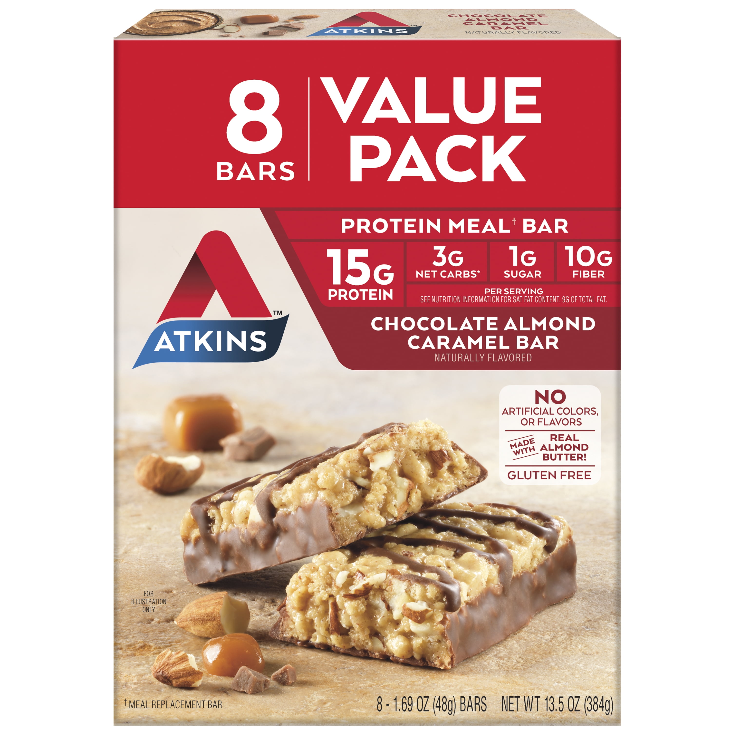 Atkins Chocolate Almond Caramel Protein Meal Bar, High Fiber, Low Sugar, Keto Friendly, 8 Count
