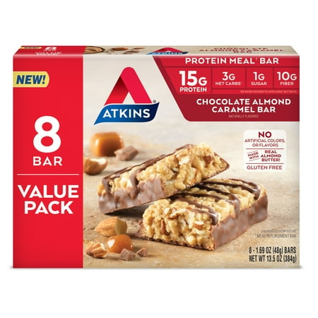 Atkins Protein-Rich Meal Bar, Chocolate Almond Caramel, Keto Friendly, 8 Count