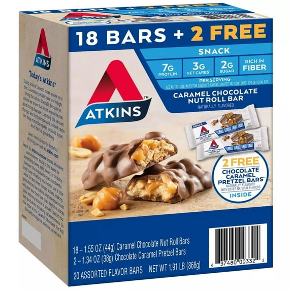 Atkins Chocolate Caramel Nut Roll Snack Bars (18 ct. + 2 Bars)