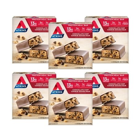 Atkins Chocolate Chip Cookie Dough Protein Meal Bar, High Fiber, Low Sugar, Meal Replacement, 6/5 Packs