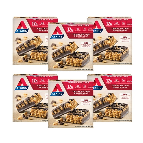 Atkins Chocolate Chip Granola Protein Meal Bar, Low Sugar, Meal Replacement, Keto Friendly, 6/5 Packs