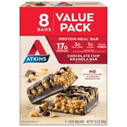Atkins Chocolate Chip Granola Protein Meal Replacement Bar, High Fiber, Low Sugar, Keto Friendly, 8 Ct
