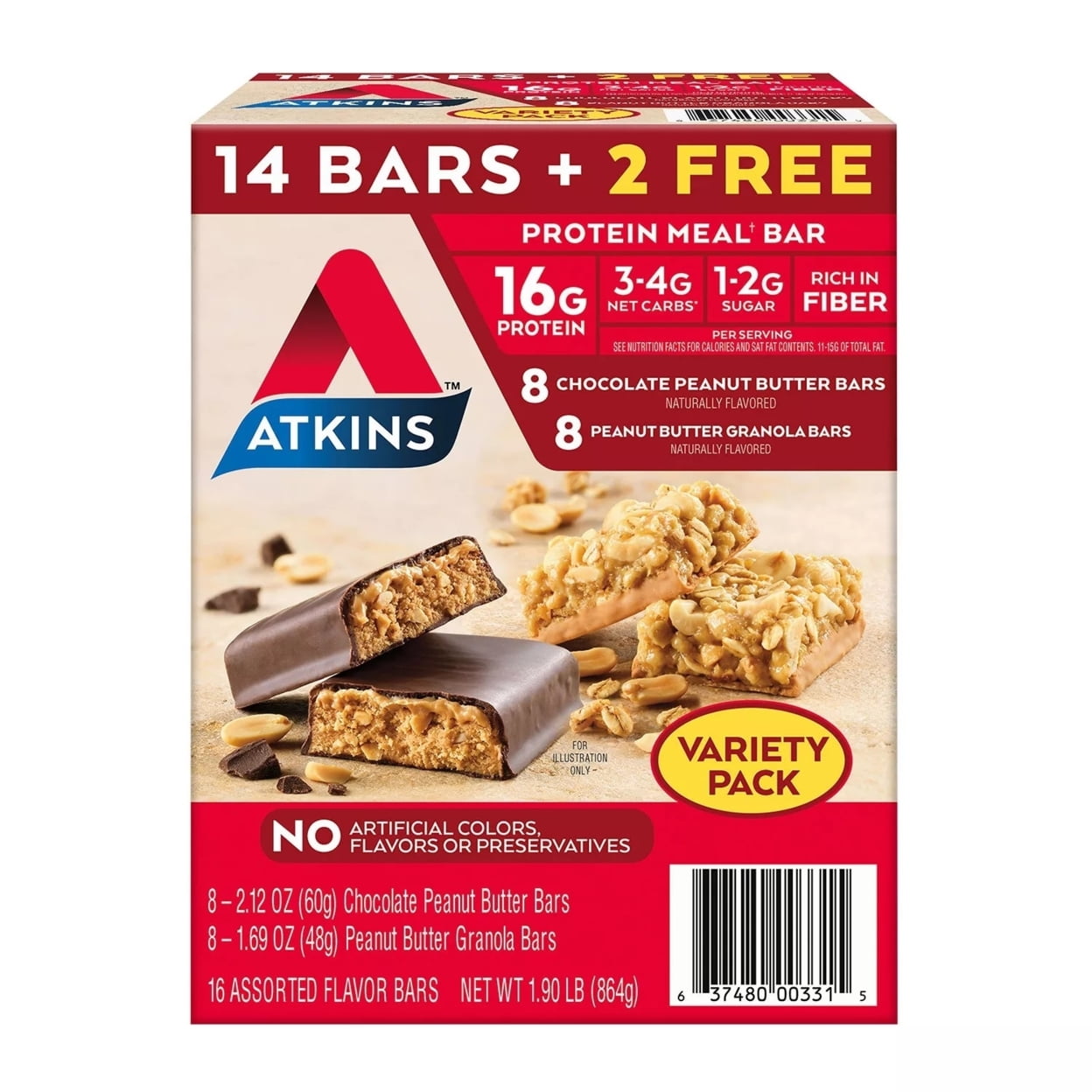 Atkins Chocolate Peanut Butter & Granola Meal Bars Variety Pack (16