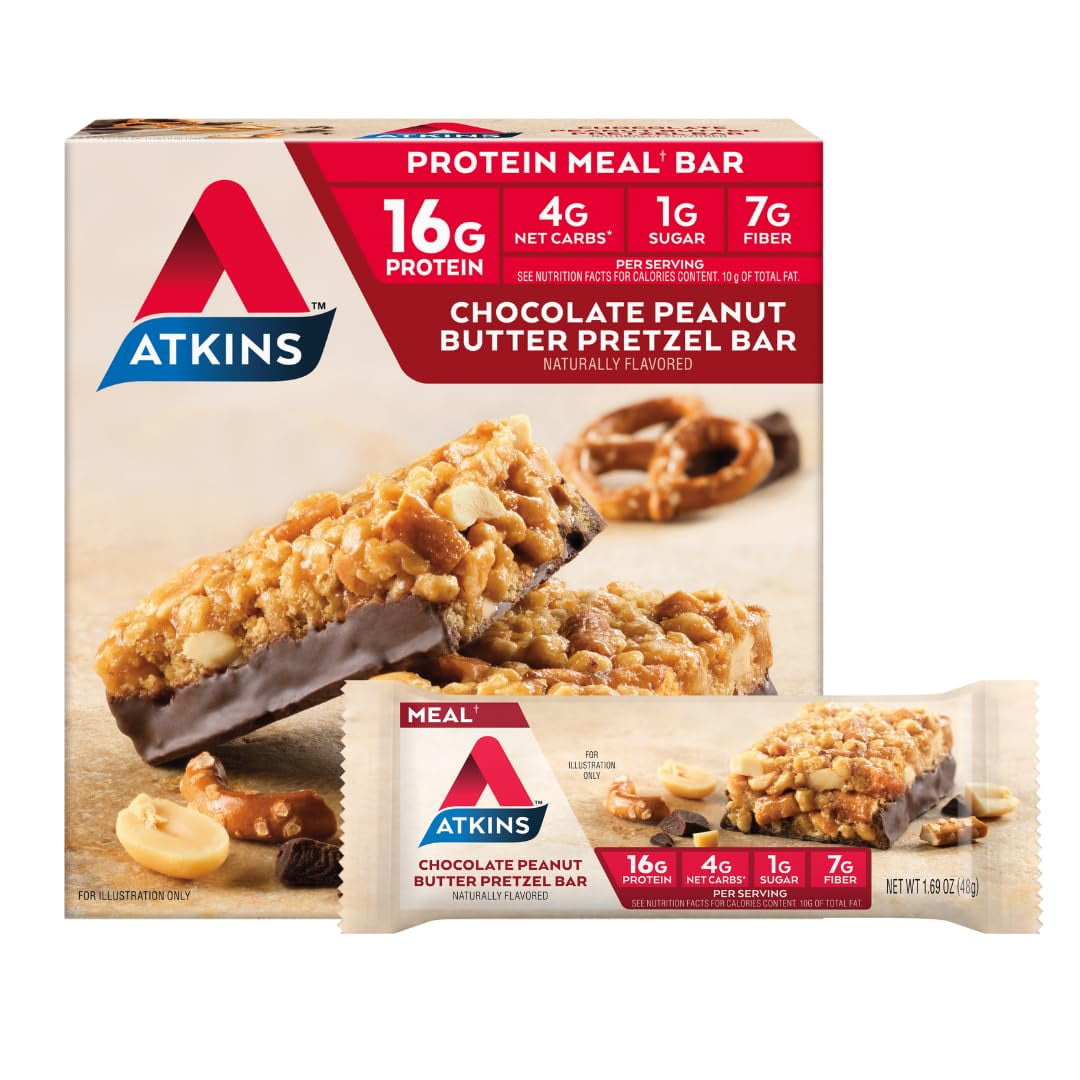 Atkins Chocolate Peanut Butter Pretzel Protein Meal Bar, High Fiber