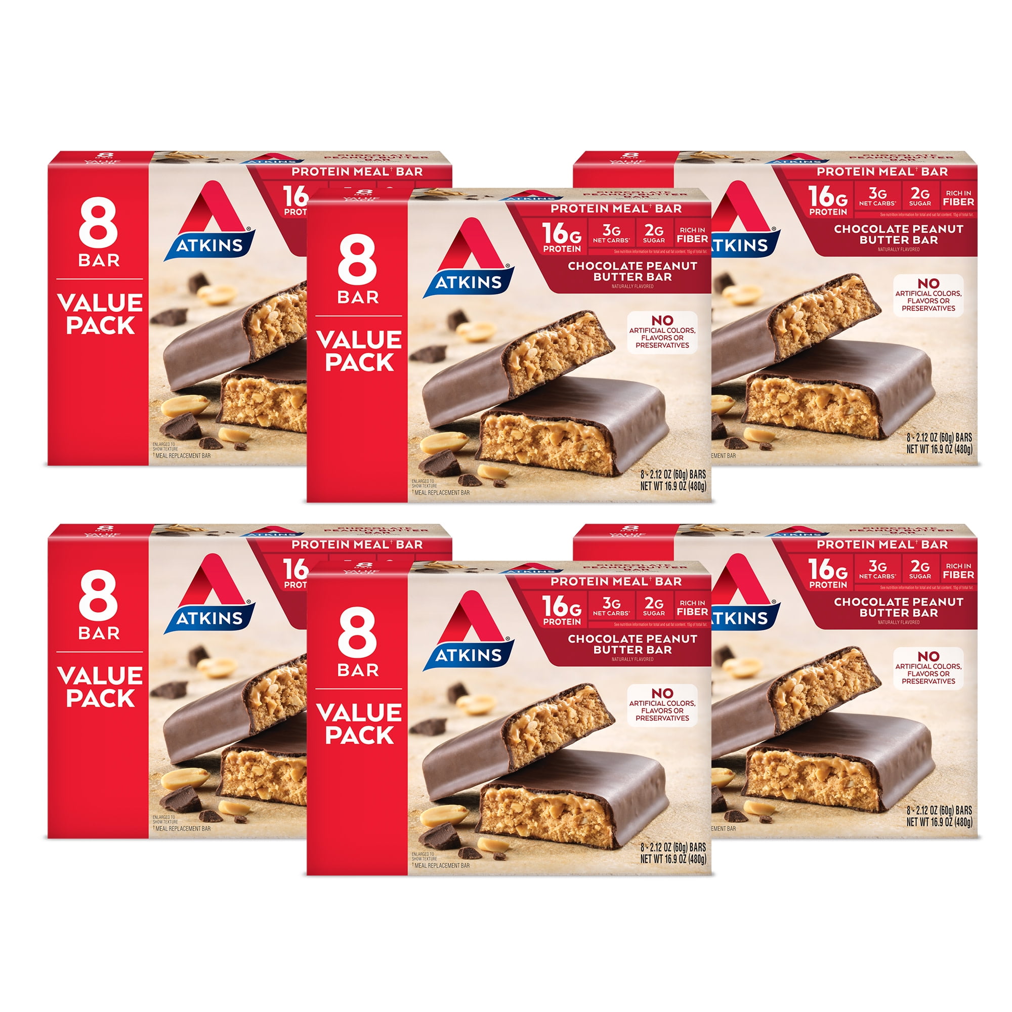 Atkins Chocolate Peanut Butter Protein Meal Bar, High Fiber, Low Sugar, Meal Replacement, Keto