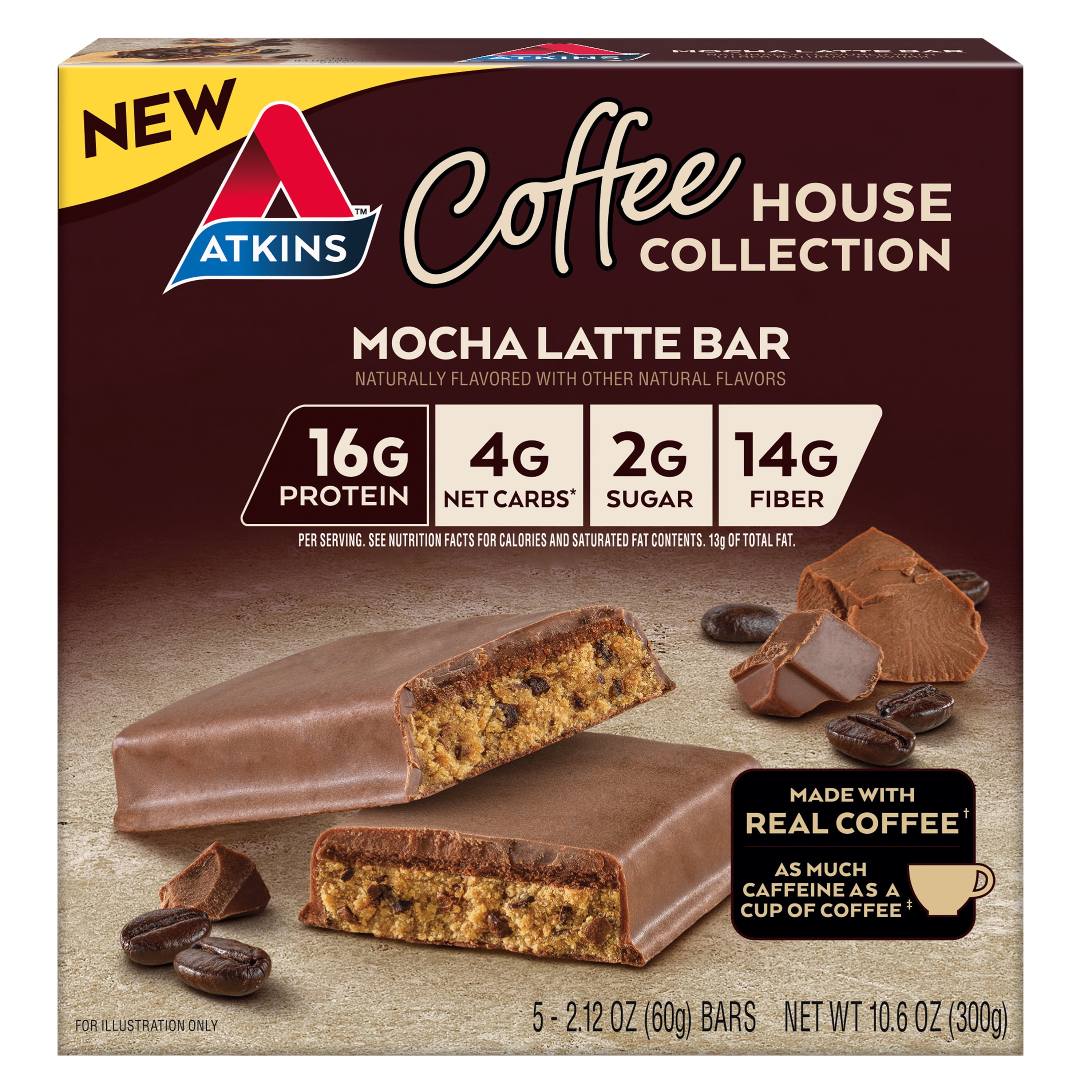 Atkins Coffee House Collection Protein Bar, Mocha Latte, High Protein, High Fiber, 5 Count