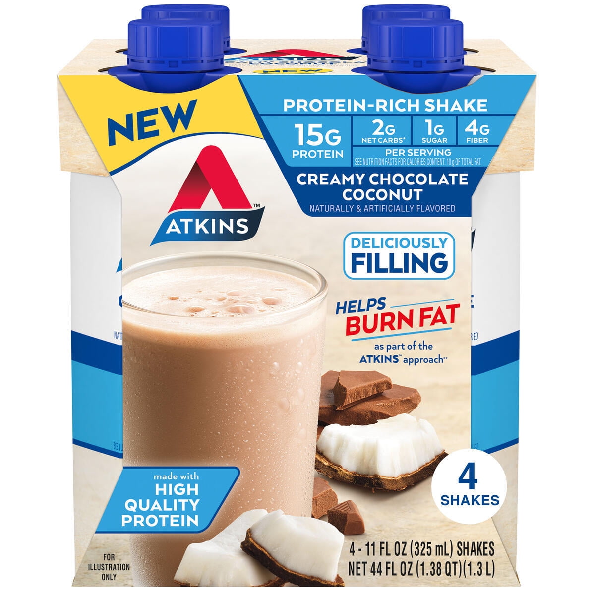 Atkins Creamy Chocolate Coconut Protein Shake, High Protein, Low Carb, 4 Count