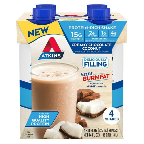 Atkins Creamy Chocolate Coconut Protein Shake, High Protein, Low Carb, 4 Count