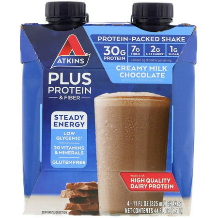 Atkins PLUS Creamy Milk Chocolate Flavor Protein Shake, 30g of Protein, Low Carb, Low Sugar, Gluten Free, 4 Count