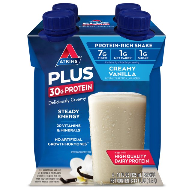 Atkins Creamy Vanilla PLUS Protein Shake, High Protein, Low Carb, Low Sugar, Keto Friendly, 4