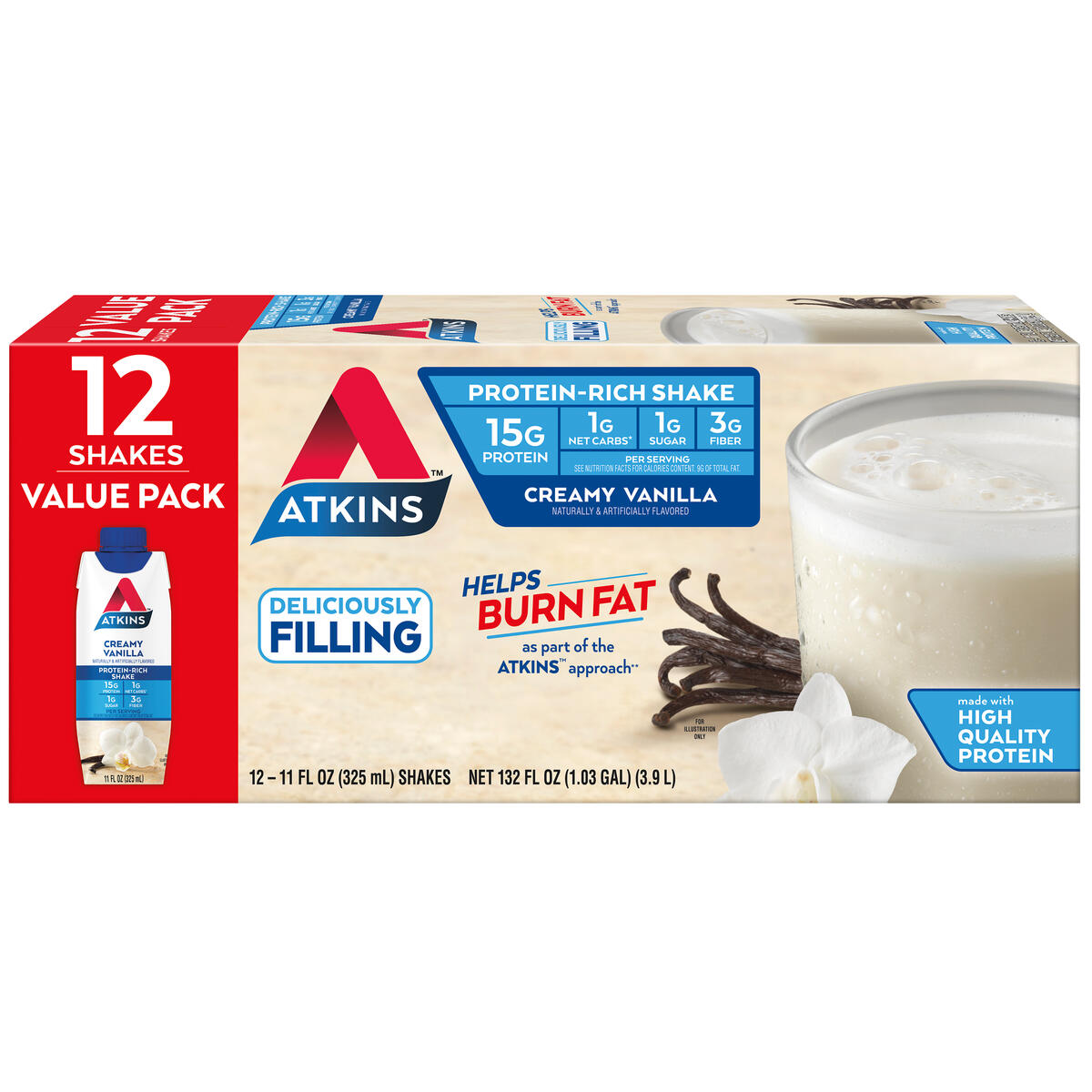 Atkins Creamy Vanilla Protein Shake, High Protein, Low Carb, Low Sugar, Keto Friendly, Gluten Free, 12 Ct - image 1 of 9