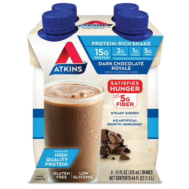(3 pack) Atkins Dark Chocolate Royale Protein Shake, High Protein, Low Carb, Keto Friendly, Gluten Free, 11fl oz, 4 Ct
