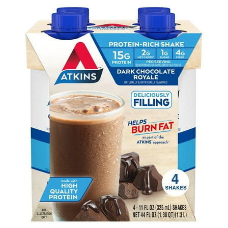 Atkins Dark Chocolate Royale Flavored High Protein Shake, Keto Shake, Low Carb Protein Shake, 4 Ct