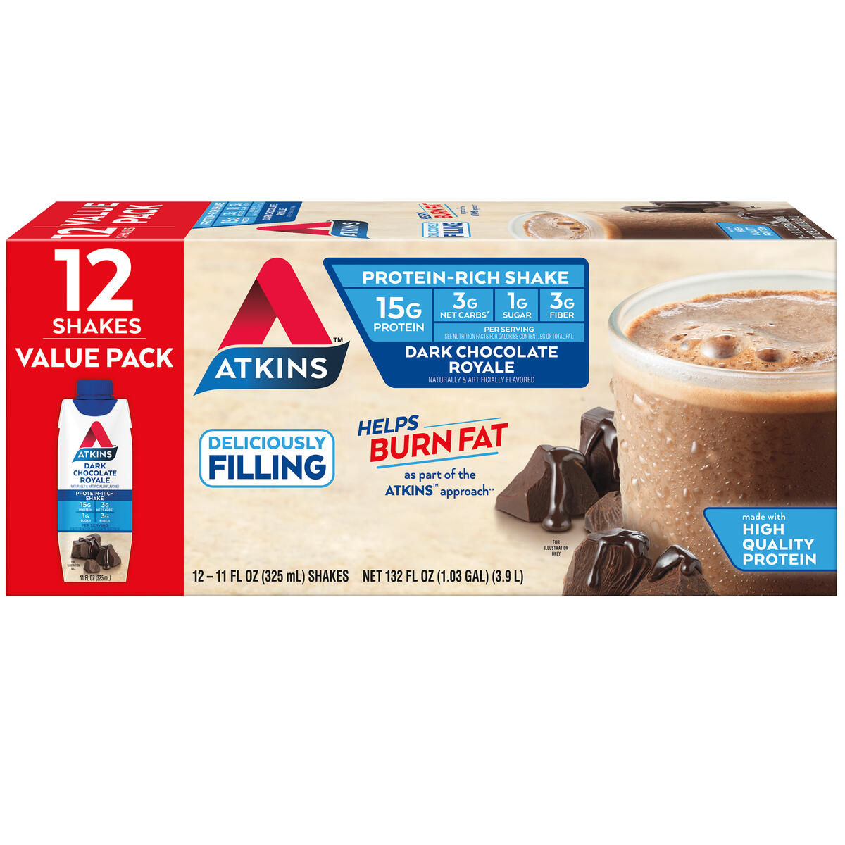 Atkins Dark Chocolate Royale Protein Shake, High Protein, Low Carb, Low Sugar, Keto Friendly, 12 Ct - image 1 of 9
