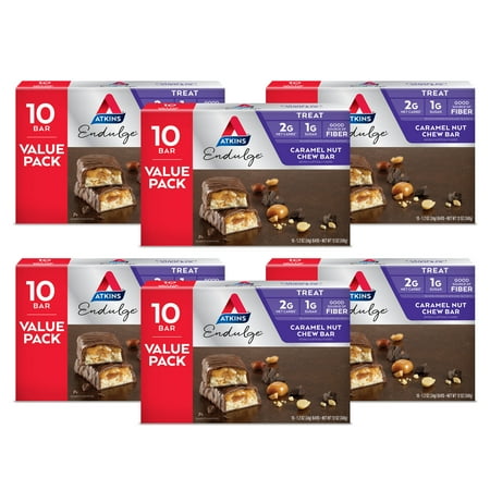 Atkins Endulge Caramel Nut Chew Bar, Dessert Favorite, Low Sugar, Good Source of Fiber, 6/10 Count (Value Pack)