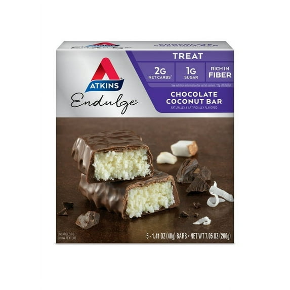 Atkins Endulge Chocolate Coconut Bar, Dessert Favorite, High in Fiber, 1g Sugar, 5 Count ( Pack of 2 )