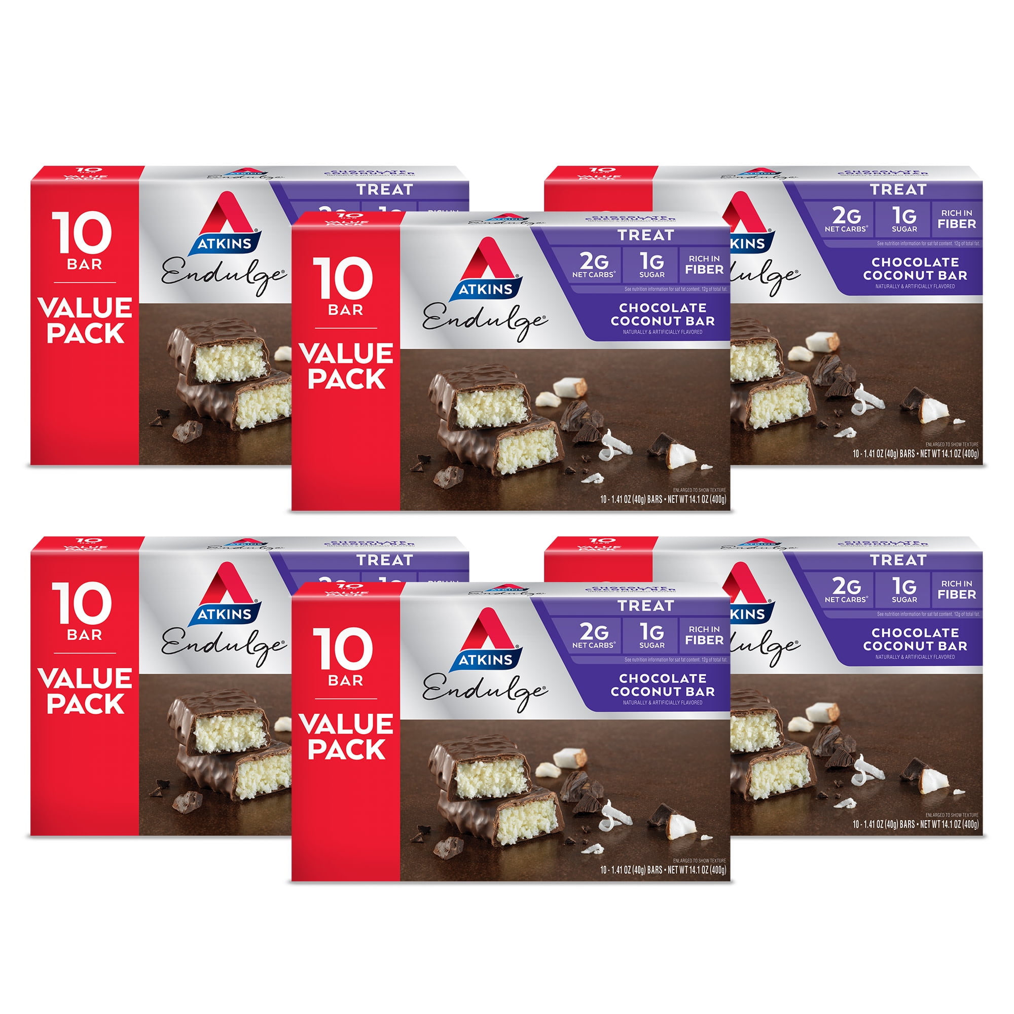 Atkins Endulge Chocolate Coconut Bar, Dessert Favorite, High in Fiber, Low Sugar, 6/10 Packs