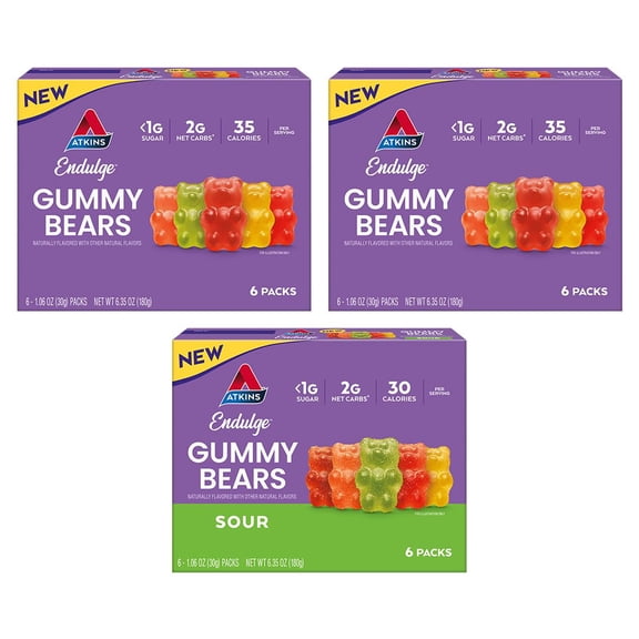 Atkins Endulge Gummy Bears Variety Pack, Low Sugar, Keto Friendly Candy, 18 Pack (12 Sweet Gummy Bears, 6 Sour Gummy Bears)