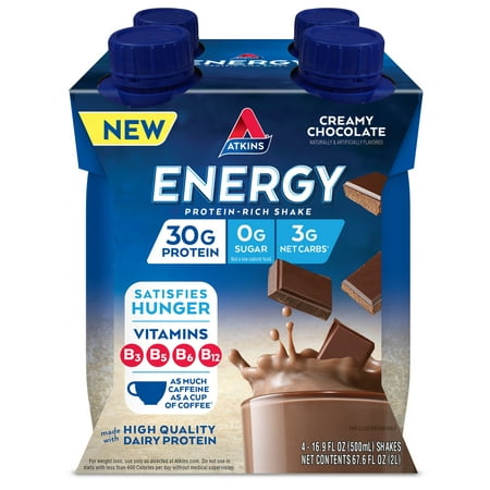 Atkins Energy Protein Shake, Creamy Chocolate, Keto Friendly, 16.9 oz., 4 Count