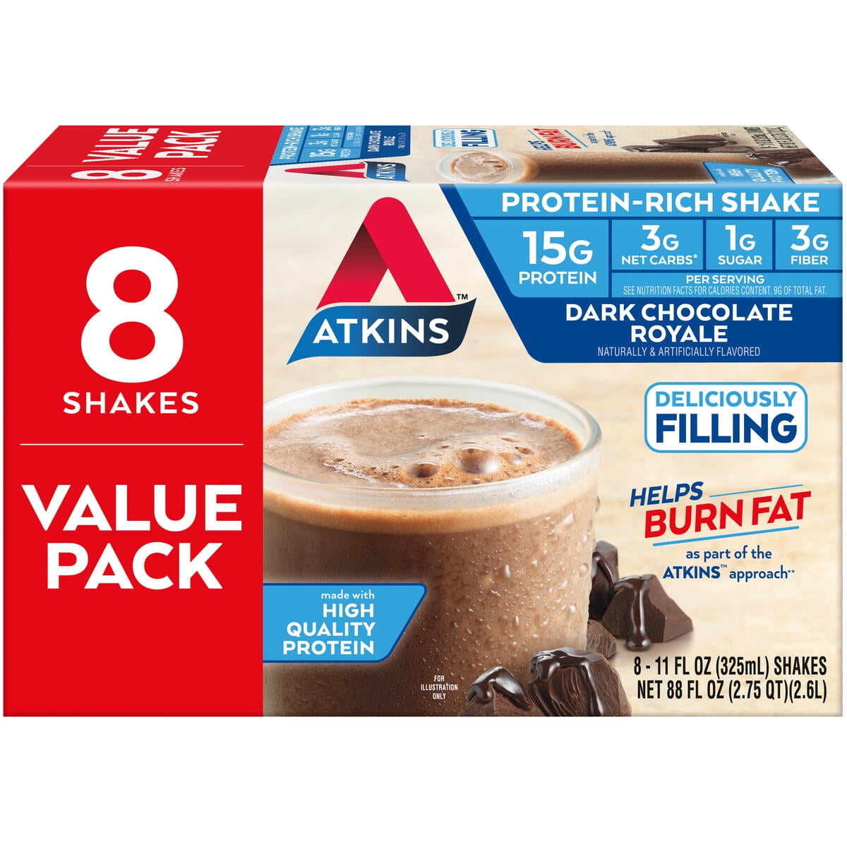 Atkins Gluten Free Protein-Rich Shake, Dark Chocolate Royale, Keto Friendly, 8 Count (Ready to Drink)