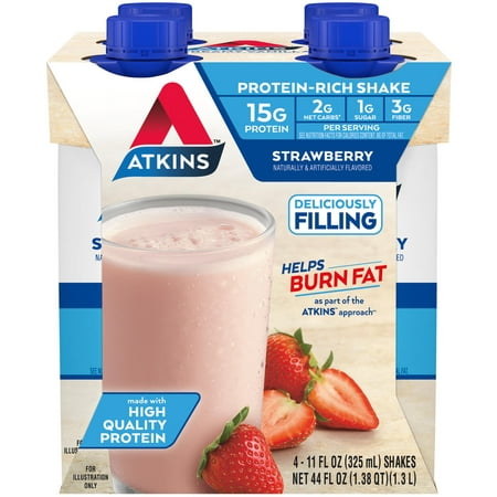 Atkins Gluten Free Protein-Rich Shake, Strawberry, Keto Friendly, 4 Ct (Ready to Drink)