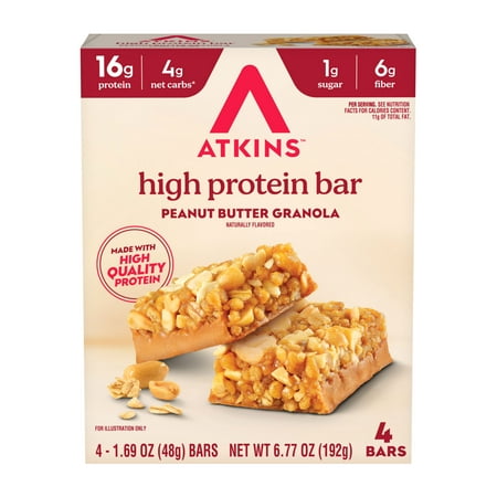 Atkins High Protein Bars, Peanut Butter Granola Flavored, 16g of Protein, 4 Count
