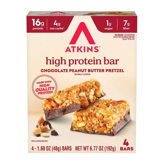 Atkins High Protein Bars, Chocolate Peanut Butter Pretzel Flavored, 16g Protein, 1g Sugar, 4 Count