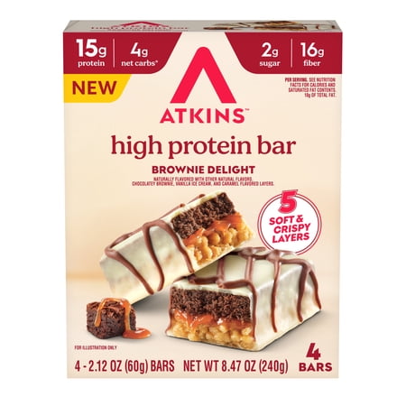 Atkins High Protein Bars, Brownie Delight Flavor, 15g of Protein, 4g Net Carbs, Keto Protein Bars, Low Sugar, 4 Count