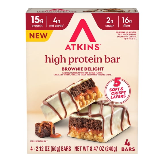 Atkins High Protein Bars, Brownie Delight Flavor, 15g of Protein, 4g Net Carbs, Keto Protein Bars, Low Sugar, 4 Count