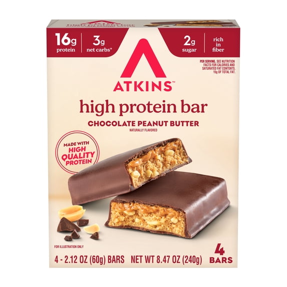 Atkins High Protein Bars, Chocolate Peanut Butter Flavored, 16g Protein, 4 Count