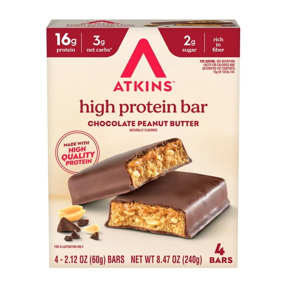 Atkins High Protein Bars, Chocolate Peanut Butter Flavored, Ready to Eat, 16g of Protein, 4 Count