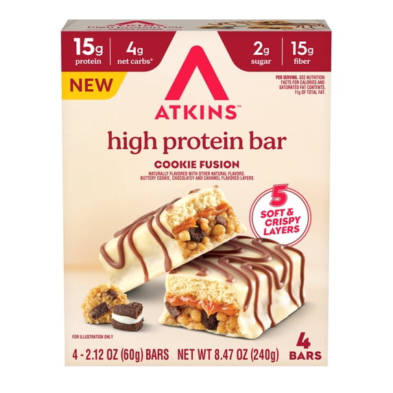 Atkins High Protein Bars, Cookie Fusion Flavor, 15g of Protein, 4g Net Carbs, Keto Protein Bars, Low Sugar, 4 Count