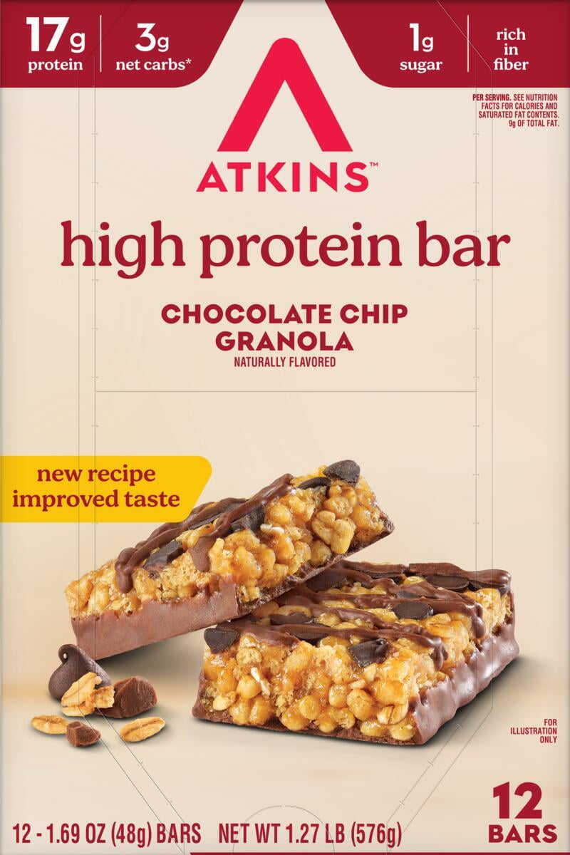Atkins High Protein Bar, Chocolate Chip Granola, 12 Count