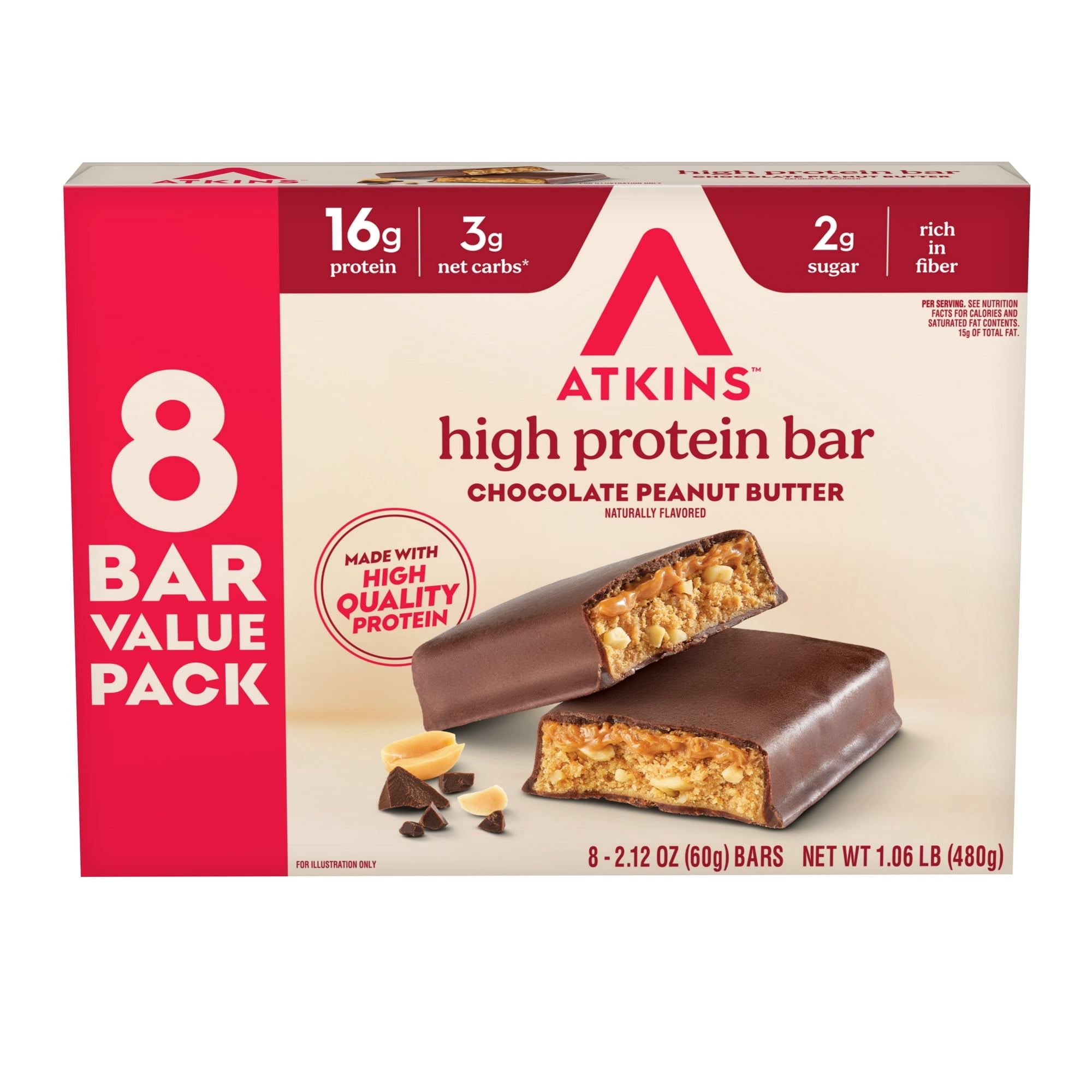 Atkins High Protein Bars, Chocolate Peanut Butter Flavored, 16g of Protein, 3g Net Carbs, Value Pack, 8 Count