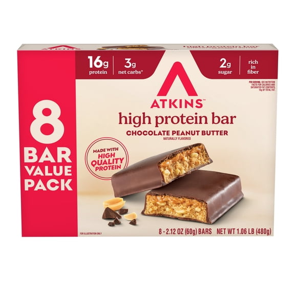 Atkins High Protein Bars, Chocolate Peanut Butter Flavored, 16g of Protein, 3g Net Carbs, Value Pack, 8 Count